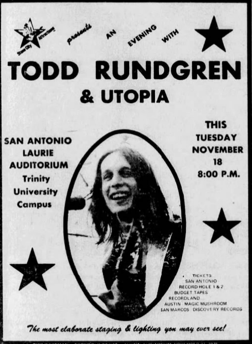 gilgamesh470's tweet photo. Happy belated birthday to Todd Rundgren, who came with Utopia to San Antonio's Laurie Auditorium on November 18, 1975. https://t.co/4mQFxY2Fp9