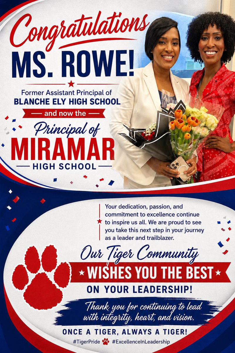 RolleRosheika's tweet photo. Congratulations to @AP_Rowe on her appointment as Principal of Miramar High School! 🎉

The Tiger Community &amp; Ely Zone are proud of your accomplishment and wish you continued success as you lead with excellence, integrity, and heart. 🐾❤️💙 @blanche_ely https://t.co/LjBxWQw4eh