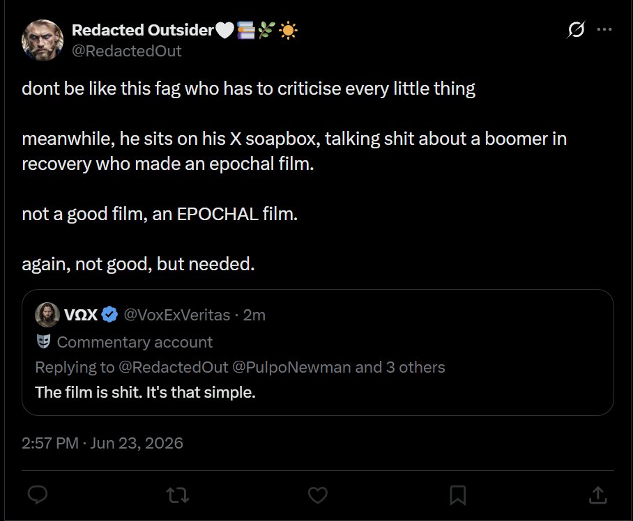 VoxExVeritas's tweet photo. Don't be like this fag, who blocks like a little girl because you insulted a shitty jewish movie. https://t.co/YB0o79NCIW