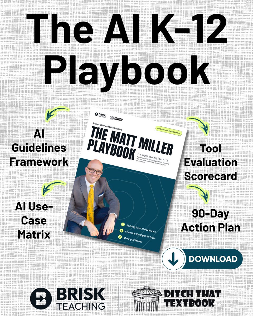 jmattmiller's tweet photo. Most AI conversations in schools start with:

Which tool should we use?

The better questions:
👉 What should AI never replace?
👉 How do we protect human thinking?
👉 How do we measure success?

The Matt Miller Playbook for Implementing AI in K-12 tackles all three.

Free download 👇
https://t.co/QGXTevVRX0

#AIinEducation #EdTech #K12 #SchoolLeadership @briskteaching