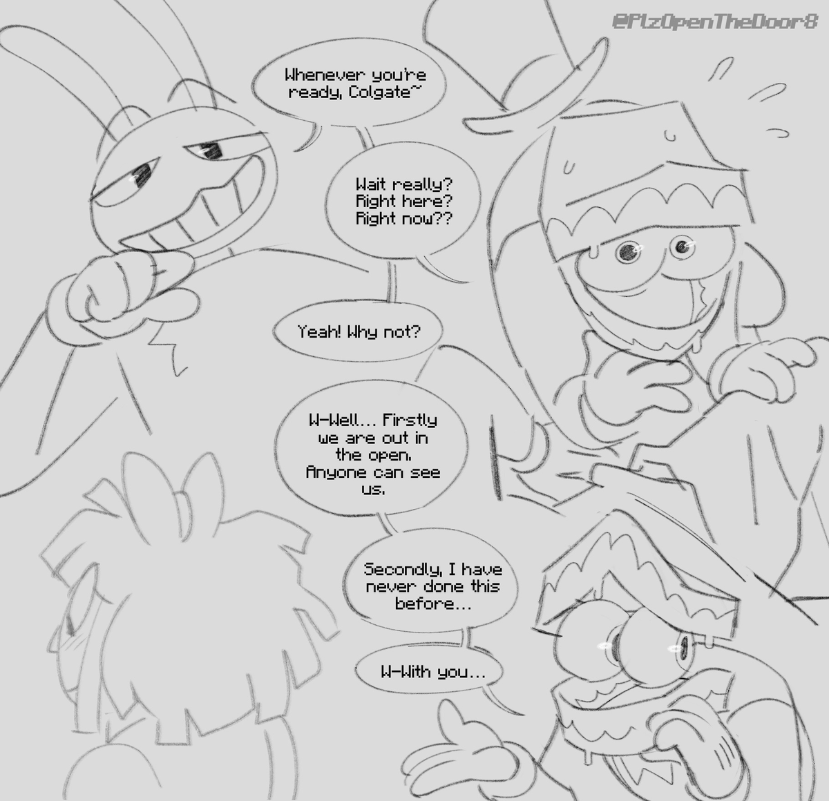 PlzOpenTheDoor8's tweet photo. Me and @passion_seed Have been doing silly comics for a while and decided to do one public. As a rule we spend around 30 minutes on each panel, so if they are messy, that is why.

[1/??] #TADCNSFW #GenitalCircus #Bunnyteeth https://t.co/PneoMnnDIq