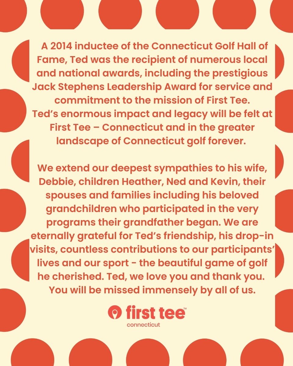 FirstTeeCT's tweet photo. Our hearts are broken with the news of our founder and dear friend Ted May’s passing. #theultimategamechanger #firstteectlegend https://t.co/CCqGk8nFLC
