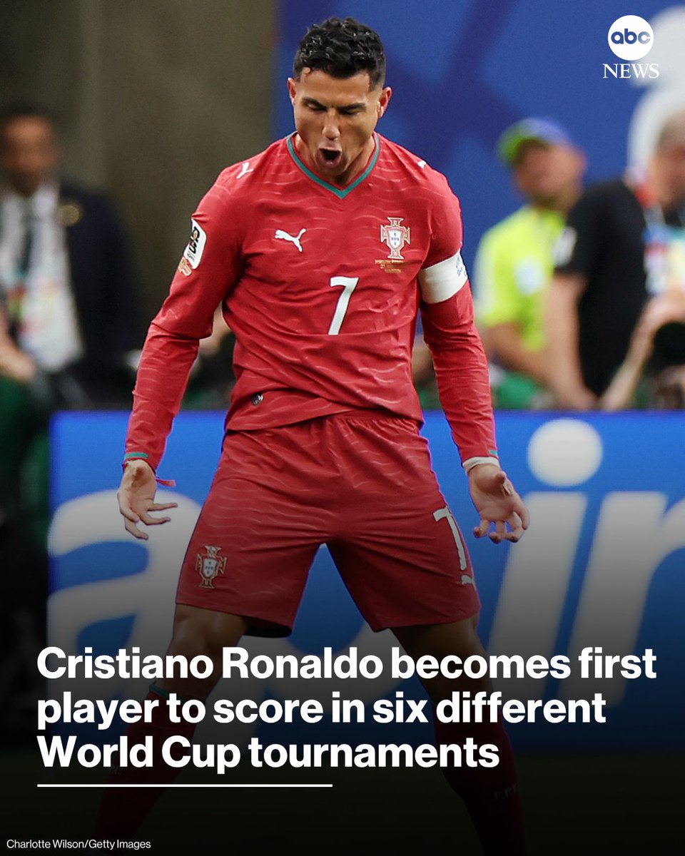 ABC's tweet photo. Cristiano Ronaldo became the first player to score in six different World Cup tournaments on Tuesday, netting a goal just six minutes into Portugal’s match against Uzbekistan. https://t.co/zPyIHaIPUx https://t.co/nMhTVlcL5A