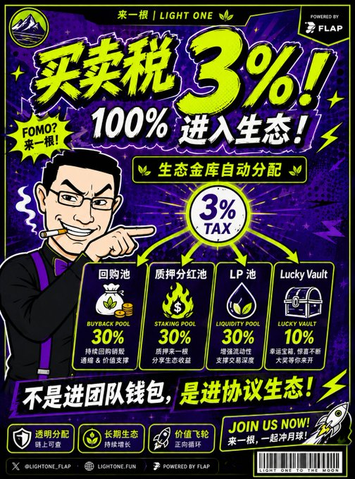 lightone_bsc's tweet photo. 买卖税 3%，进入协议生态。

LIGHT ONE 的税收不是单一流向，
而是根据当前阶段自动分配到：
质押收益池
回购销毁池
LP流动性池
Lucky Vault

每点燃一根，协议资金结构都会切换。
前期重反馈，中期做承接，后期蓄终局。
这就是一根一根向前走的链上金库。
#LIGHTONE #DeFi #FLAP https://t.co/aIIqyye1vB