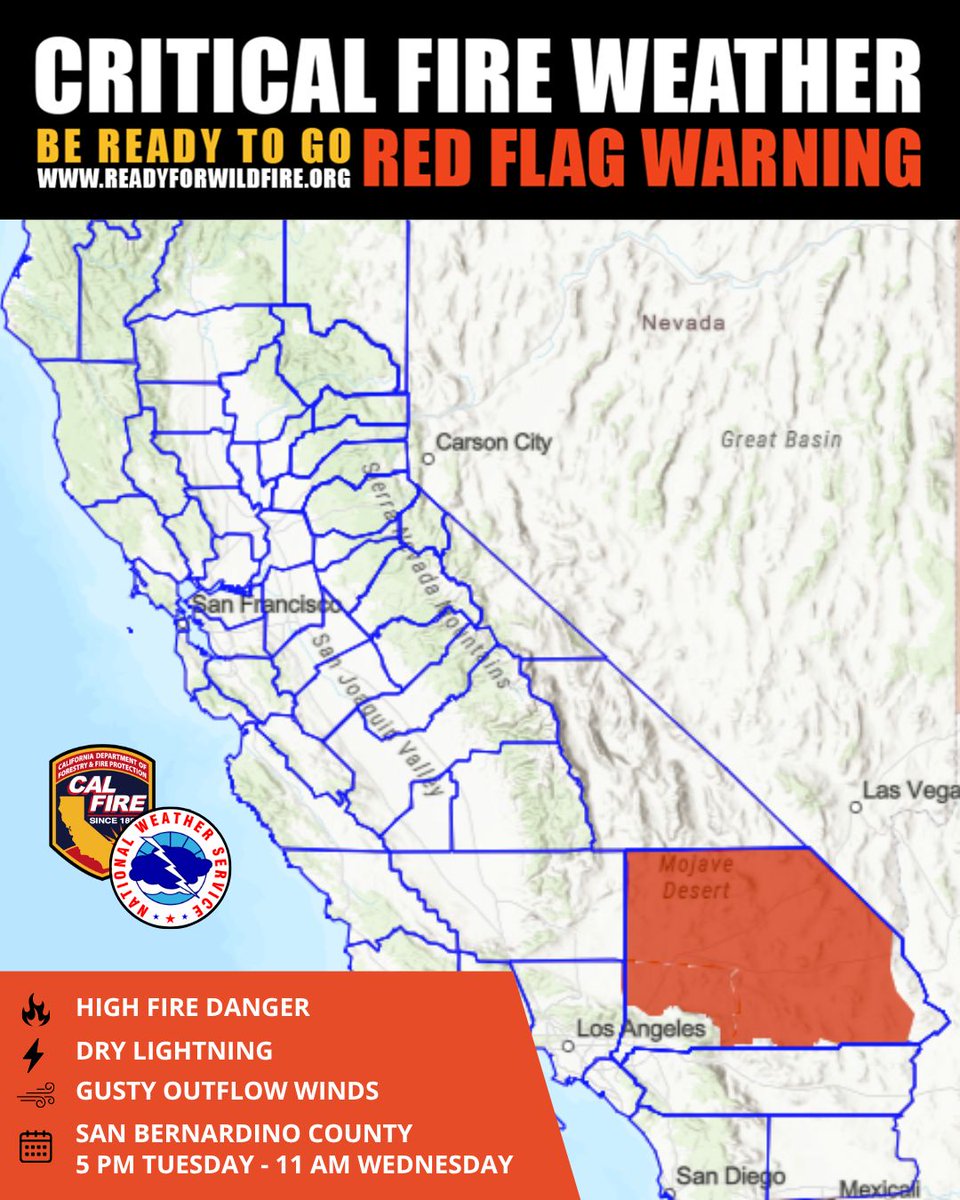 CAL_FIRE's tweet photo. 🚩 RED FLAG WARNING IN EFFECT 🚩 
 
Beginning this evening at 5 PM, hot temperatures, low humidity, gusty winds, and the potential for dry lightning may create conditions that support rapid fire spread. Elevated fire weather conditions are expected to continue through 11 AM Wednesday.
 
Impacted areas include portions of the Inland Empire, San Bernardino National Forest, Joshua Tree National Park, the Mojave Desert, Southern Owens Valley, and surrounding desert and mountain communities.
 
Avoid activities that could create sparks, stay aware of changing conditions, and be prepared if conditions change ➡️ https://t.co/1yoQC6fSBZ.
 
#RedFlagWarning #ReadyForWildfire #CALFIRE #WildfirePreparedness #OneLessSpark @CALFIREBDU