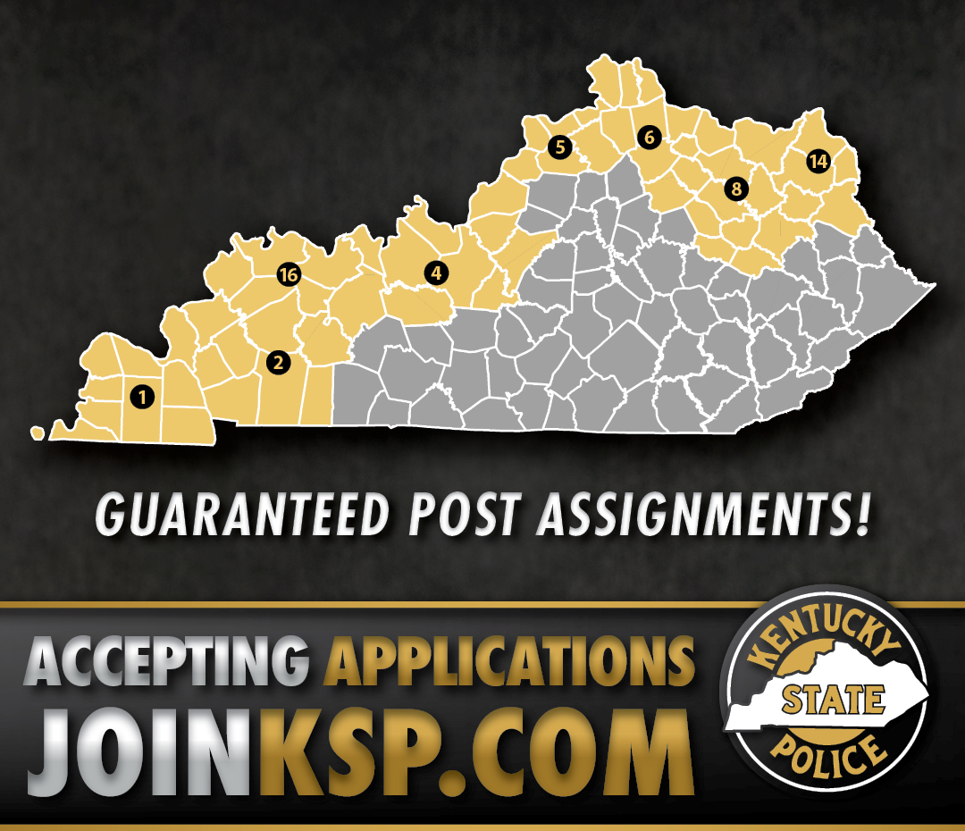 kystatepolice's tweet photo. Searching for a fulfilling career that allows you to serve your community? Become a Kentucky State Police Trooper.
Those selected from Posts 1, 2, 4, 5, 6, 8, 14 and 16 will receive guaranteed home post assignments.
Apply for Cadet Class 108 at https://t.co/iKScCeErnk https://t.co/qevkJGT9Ea