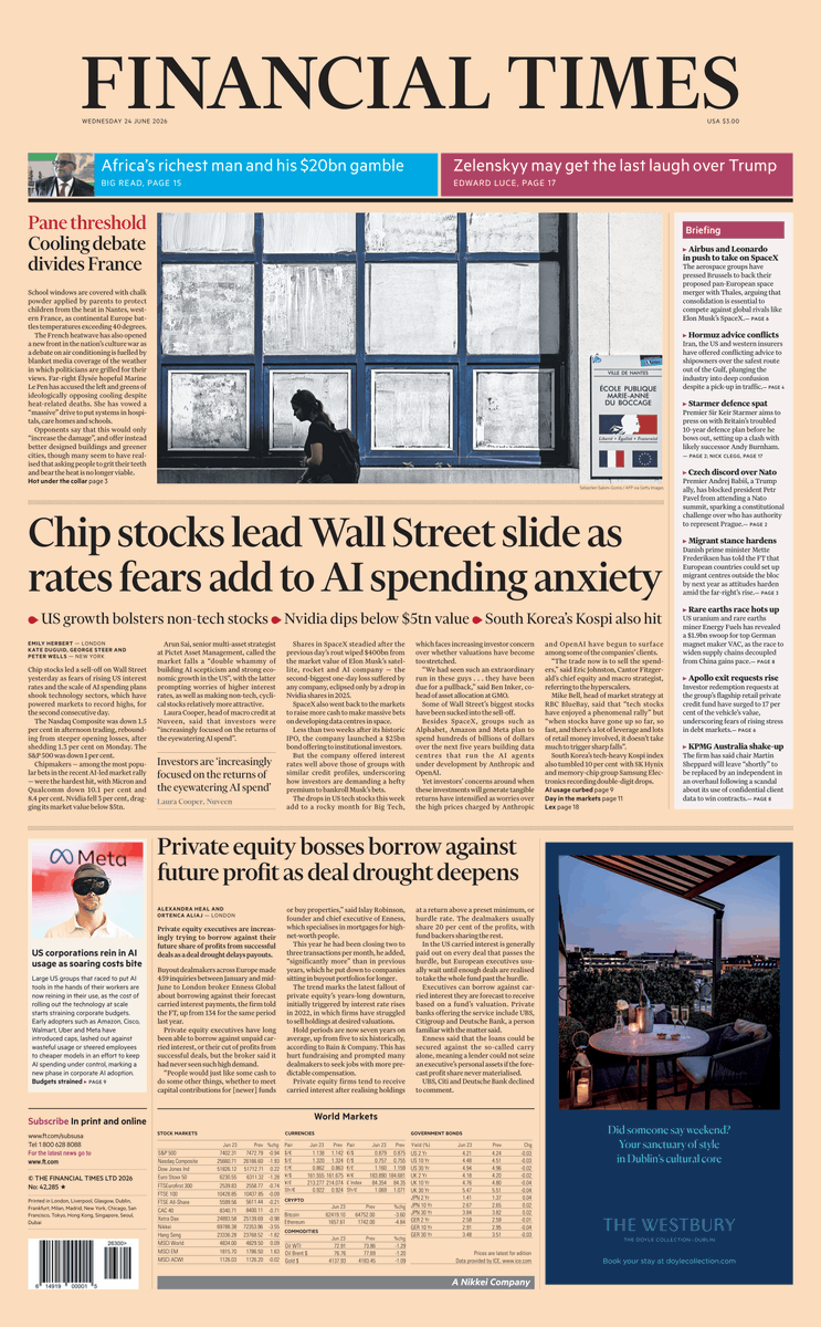 Just published: front page of the Financial Times, international