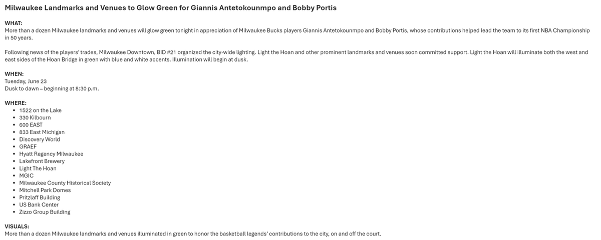 AJBayatpour's tweet photo. Downtown Milwaukee business district announces more than a dozen landmarks and buildings will light up in green tonight to commemorate the time Giannis and Bobby Portis spent in the city.

Landmarks include the Hoan Bridge, Mitchell Park Domes and Discovery World https://t.co/erLrujAMSt