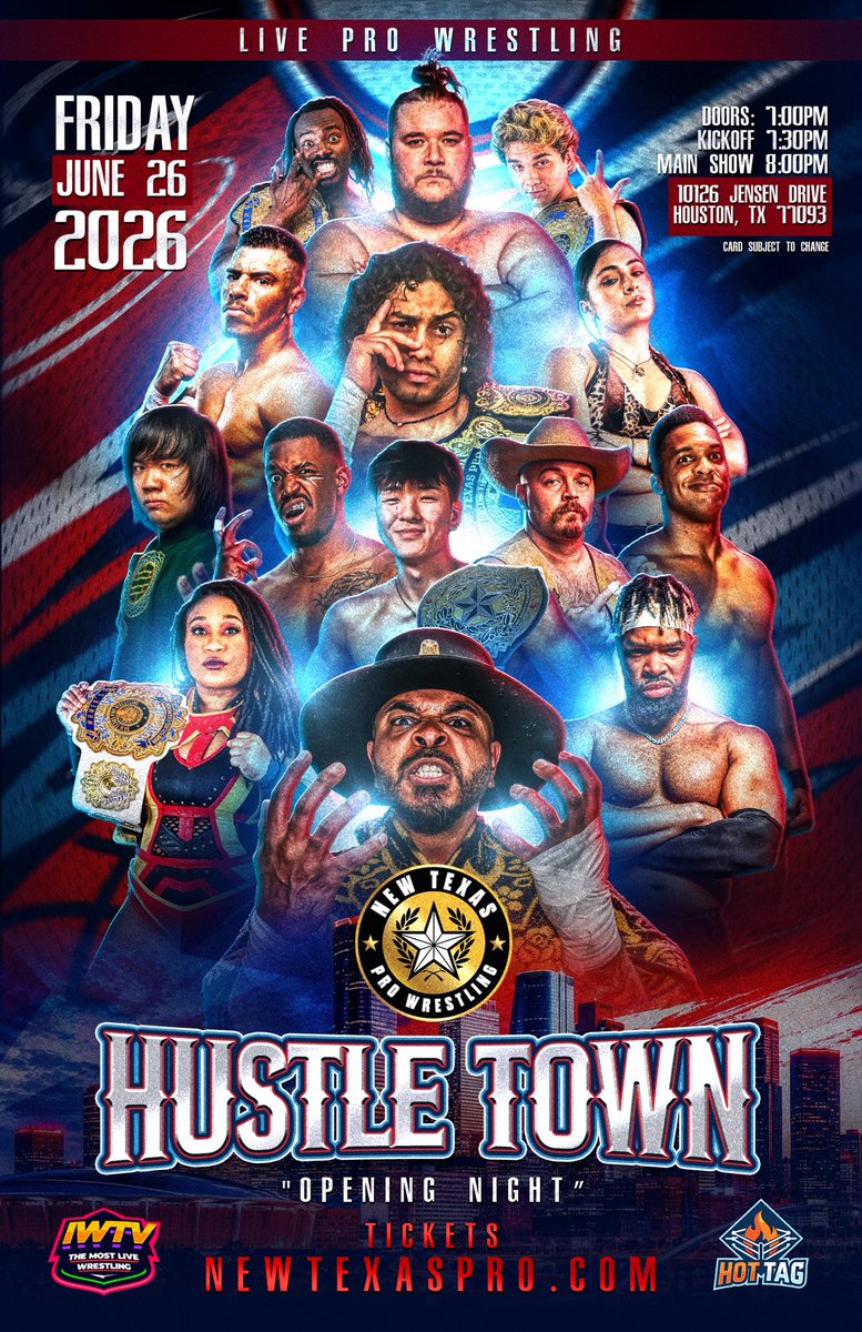 NewTexasPW's tweet photo. ❗️THIS FRIDAY❗️

We return to Houston with an absolutely STACKED show to open up our new home on June 26! 

Less than 25 Seats Remain! Make sure to grab your seat today!! 

- Live on IWTV & YouTube 

#HustleTown • 6/26 • 7:30PM
10126 Jensen Dr • Houston 

🎟️: https://t.co/jQswDTPhlV