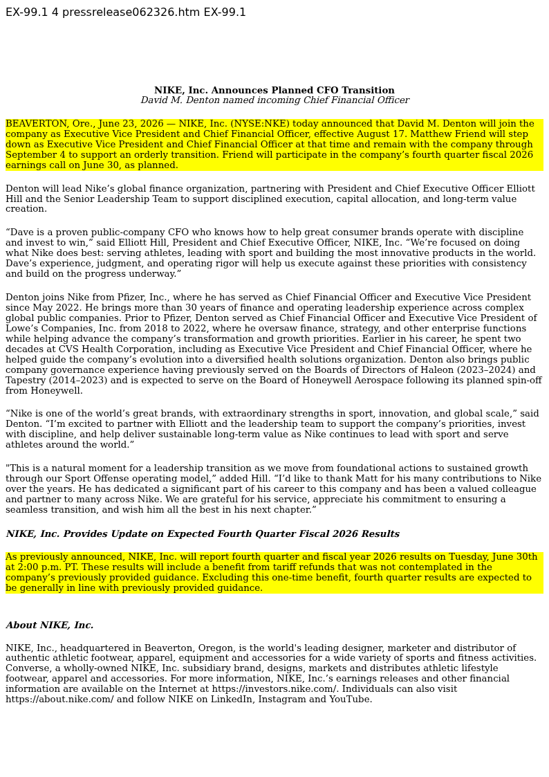 trmnl_data's tweet photo. $NKE: CFO Swap With Margin Recovery Incentive

• David Denton (ex-Pfizer CFO) replaces Matthew Friend as EVP/CFO August 16; Friend exits September 4 with $2M transition benefit.
• Q4 FY2026 includes unguided tariff refund windfall; ex-benefit, results tracking in line with prior guidance.
• Incoming CFO's $4M performance award pays 100%-200% of target solely on FY2027 EBIT margin expansion vs. FY2026 — explicit operating margin recovery mandate embedded in comp structure.