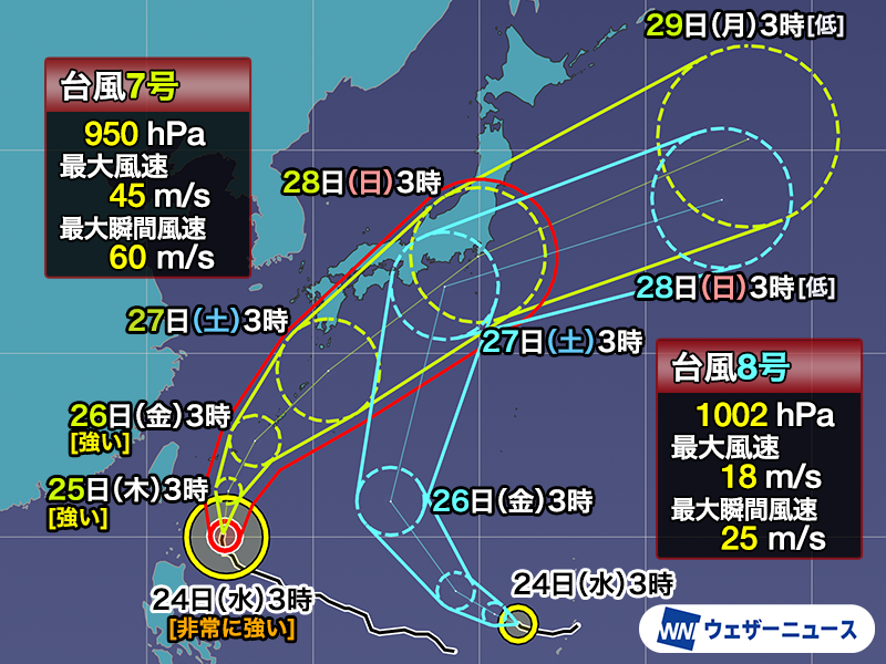 wni_jp's tweet photo. 【台風情報】
6月24日(水)3時現在、非常に強い台風7号(メーカラー)は沖縄の南を北上中。週後半は沖縄で荒天のおそれがあり、西日本や東日本も影響に注意が必要です。
台風8号(ヒーゴス)はマリアナ諸島を西進していて、台風7号より先に伊豆諸島に接近する可能性があります。
https://t.co/nNwwhmd57U https://t.co/eCIWb7zNVF