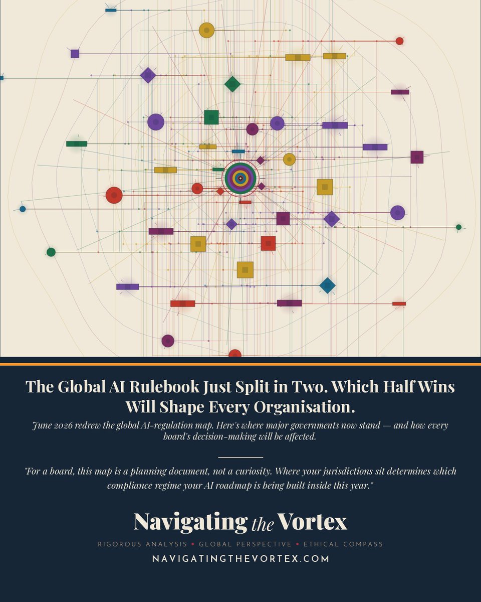 lucymarcus's tweet photo. June 2026: the global AI-regulation map split in two — rights frame vs industrial frame. Colorado’s law takes effect in 6 days. Canada chose sides. The G7 agreed nothing. Read @navvortex’s map of where every board stands now: https://t.co/ByqzGRRyFv #AI #AIGovernance #corpgov https://t.co/HGlC8UadwL