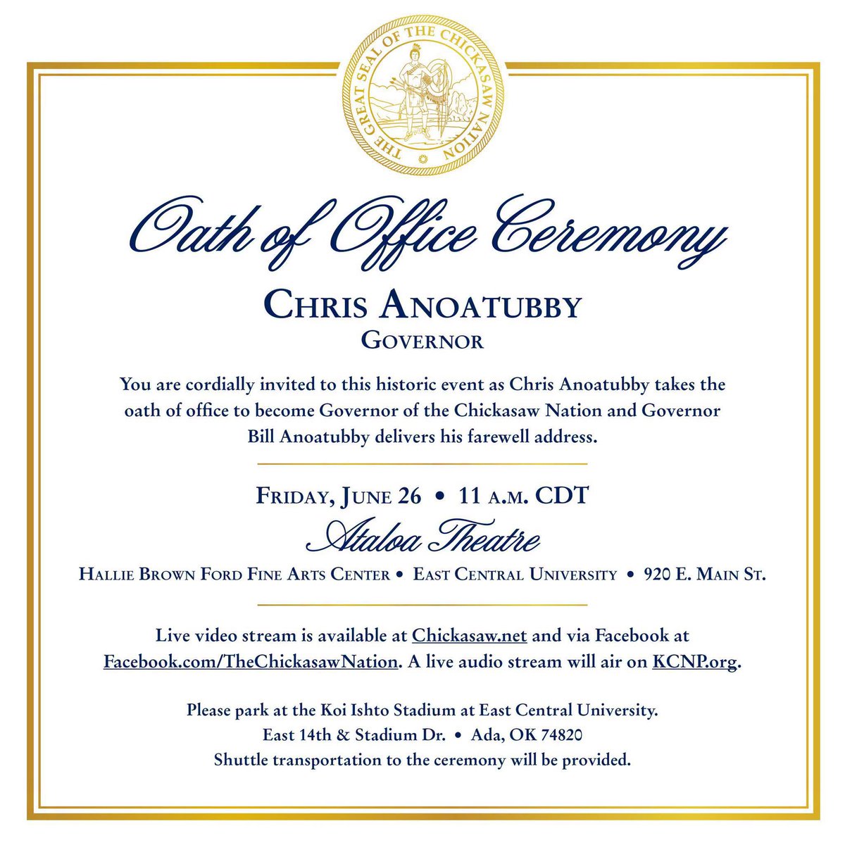ChickasawNation's tweet photo. On Friday, June 26, join us as Chris Anoatubby takes the oath of office to become Governor of the Chickasaw Nation and Governor Bill Anoatubby delivers his farewell address. https://t.co/RWqtLJOps1