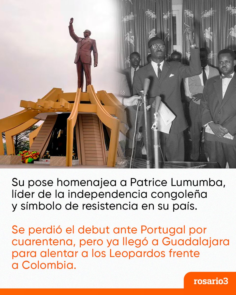 Rosariotres's tweet photo. 🇨🇩 LUMUMBA VEA, EL AMULETO DE CONGO QUE PARECE UNA ESTATUA 🗿

🗿 Michel Kuka Mboladinga, conocido como Lumumba Vea, llegó a Guadalajara para alentar a RD Congo ante Colombia.

⚽ El fanático se hizo viral por quedarse inmóvil durante los 90 minutos, con el brazo derecho levantado y vestido con los colores de su país.

✊ Su gesto homenajea a Patrice Lumumba, prócer de la independencia congoleña. Tras perderse el debut ante Portugal por cuarentena, ahora dirá presente en la tribuna mundialista.