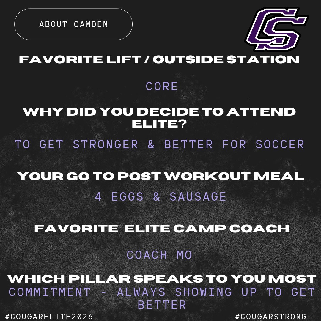 CoachFBrock's tweet photo. Congrats to our Wk 3 ELITE Athlete-Camden who has earned 100% attendance this summer. He brings a work ethic that's tough to match. He competes in every station, is dependable in the wt room &amp;consistently trusts the process. Camden truly embodies the Cougar Pillars! #CougarStrong https://t.co/rb9nMkHNni