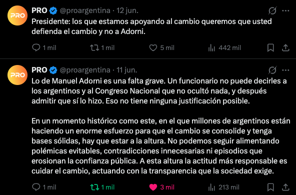 Republica_naOK's tweet photo. Pregunta para @proargentina y @mauriciomacri 
En qué quedaron las palabras que escribieron el 11 y el 12 de junio? El cambio no se cuida protegiendo lo indefendible.

Siempre apoyé al PRO. Lo hice con convicción, porque creí en el cambio, en la defensa de las ideas de la libertad y en que este espacio iba a estar a la altura de lo que la Argentina necesita en este momento histórico.

Pero hoy siento una profunda desilusión y una bronca enorme. Lo que pasó en el Congreso con la interpelación a Manuel Adorni es inaceptable. 

Después de todo lo que publicaron, de los comunicados fuertes exigiendo transparencia y responsabilidad, terminaron permitiendo que se postergue todo.

El 11 de junio escribieron que lo de Adorni era "una falta grave", que un funcionario no puede mentirle al Congreso y a los argentinos, que no hay justificación posible y que había que cuidar el cambio con transparencia.

Al otro día, el 12, fueron todavía más directos: "Presidente, los que estamos apoyando al cambio queremos que usted defienda el cambio y no a Adorni". ¿Y qué hicieron? Exactamente lo contrario. 

Otra vez priorizaron la rosca?. Ya cansan con eso de "no harcele el juego al kirchnerismo"

La verdad es que duele. Porque uno defiende, banca, y después ve que los que tienen que dar el ejemplo terminan haciendo exactamente lo que criticaban de los otros.

Repito: El cambio no se cuida protegiendo lo indefendible.