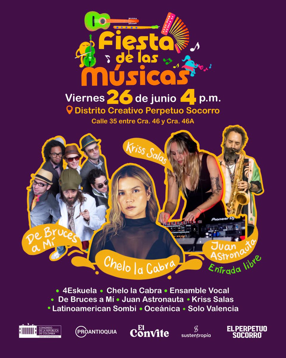 davalho's tweet photo. La música colombiana tiene motivos para celebrar 🎤 ✨

Este 26 de junio nos vemos en el Perpetuo Socorro para festejar la aprobación de la Ley de la Música y la Ley Súbeles a Ellas, dos iniciativas que abren más oportunidades para artistas y fortalecen el sector cultural del país.

🔥 Música en vivo, encuentro y celebración desde las 4 p. m.
🎟️ Entrada libre.

¿Nos vemos?

@chelolacabra @debrucesami @juanastronauta @solovalenciaco @4eskuela @ensamblevocalmedellin @latinoamerican_sombi @oceanica___  @krisssalas @elperpetuosocorro @proantioquia @elconvite_med