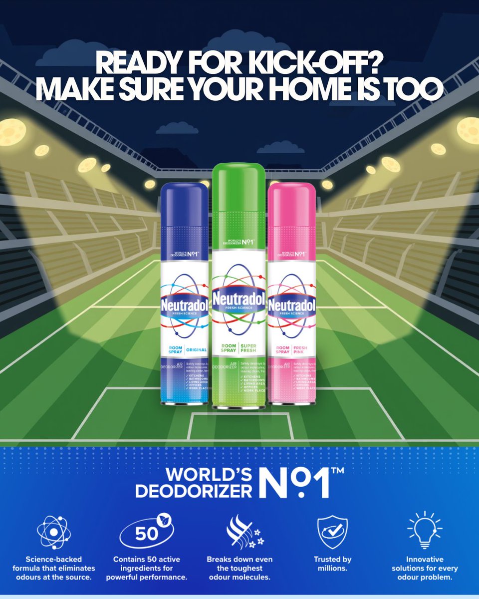 NeutradolFresh's tweet photo. Is your home ready for match day?

Keep your home fresh from kick-off to the final whistle with Neutradol Room Spray - the world's No.1 Deodorizer 🌿

Fresh home. Great atmosphere. Game on.

#MatchDayReady #Neutradol #WorldCup #FreshHome https://t.co/y1xzwB4Orb