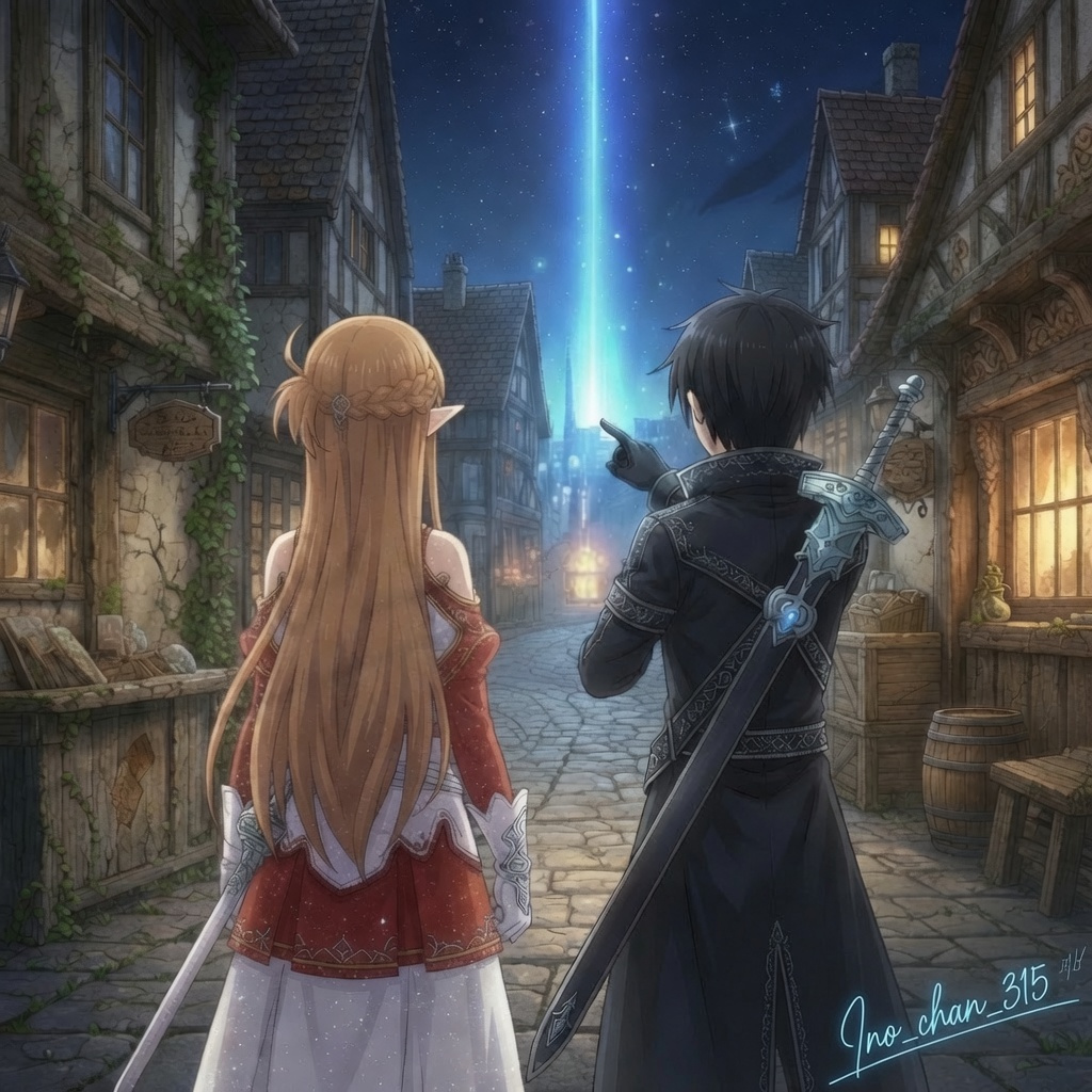 Ino_chan_315's tweet photo. If you remember / 覚えているなら 🔁
If you like / 気に入ったら ❤️

Hey Asuna, look at the light there, it's wonderful, isn't it?

ねえ、アスナ、あそこの光を見て��。すごく綺麗でしょ？

#SAO #Swordartonline #AsunaYuuki #Kirito #AIArt
#ソードアート・オンライン #結城明日奈 #桐ヶ谷和人 #AIイラスト