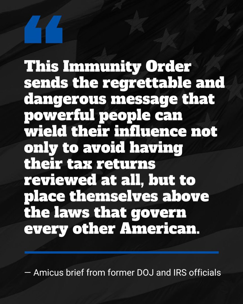 Justice_CXN's tweet photo. Former IRS and DOJ officials are warning that Trump’s proposed settlement could give him, his family, and his political allies extraordinary protection from tax audits.

No one, not even a president, should have his own tax code.

https://t.co/NZCl3L4QJQ https://t.co/aAG0EhYkG9