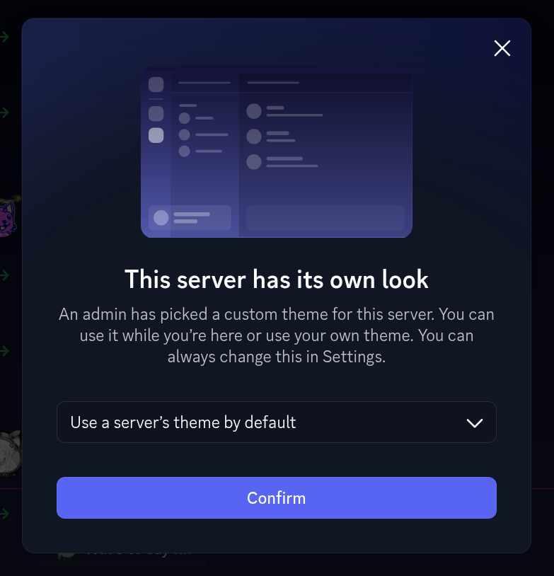 WumpusCentral's tweet photo. Discord has started rolling out an update that changes your client theme every time you open another server. This feature is part of the server boosting perks.  

Server themes are customizable by server admins.

Rollout progress: 1% of total servers. https://t.co/w77t3gYwGt