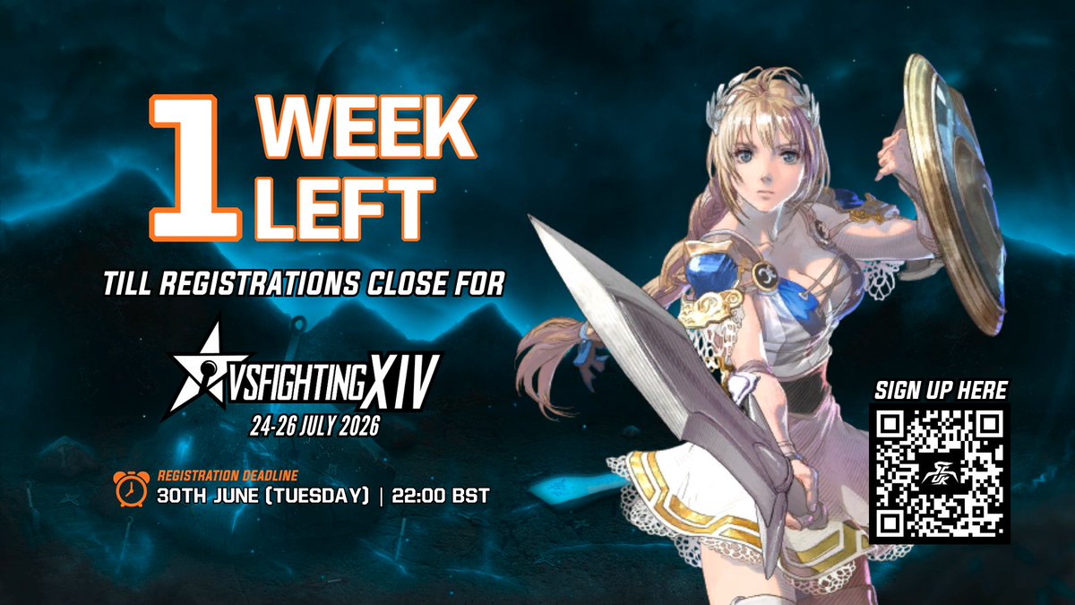 SoulCaliburUK's tweet photo. 🚨 The countdown is ON ⌛️

Just 1 week remains before registration for #VSF closes on June 30th!  

Ready to prove yourself? Join us for Europe's largest tournament for #SOULCALIBUR6! 

https://t.co/BA62m4Bhff https://t.co/G8mssGh43O