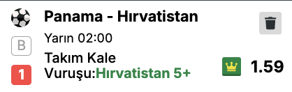 tipsbacardi's tweet photo. Hırvatistan'ın gruptaki konumu ve oyun gücü nedeniyle maçın favorisi olması, Panama'yı geçiş hücumları ve hızlı kontrataklar aramaya itecek . Panama, Hırvatistan'ın önde basacağı ve topa sahip olacağı senaryoda, kaptığı toplarla dikine ve aceleci hücumlar denemek durumunda kalacak bu durum Panama'nın hücumları olgunlaştırmadan, uzaktan şutlarla veya savunma arkasına atılan paslarla bitirmesine, dolayısıyla topun doğrudan dışarı çıkarak Hırvatistan kalesine gitmesine yol açacak. Turnuva hedefleri doğrultusunda Panama'nın kaybedecek bir şeyi olmadığında ya da skor üretmek adına risk aldığı anlarda yapacağı kontrolsüz hücum denemeleri ve kanat organizasyonları, Hırvatistanın kale vuruşu sayısını doğrudan artıracak ana faktör Hırvatistan savunması ise bire bir pozisyonlarda rakibi ceza sahasına sokmamak adına geçiş hücumlarını uzaktan şutlara zorlayacak Sonuç olarak, Panama'nın maçı tamamen savunmada kabul etmek yerine skora gitmek için yapacağı aceleci hücum aksiyonları ve Hırvatistan'ın baskı altındayken savunmada vereceği geçiş izinlerinin auta çıkma potansiyeli göz önüne alındığında, Hırvatistanın maç boyu en az 5 kez kale vuruşu kullanması bahsine güveniyorum bol şanslar