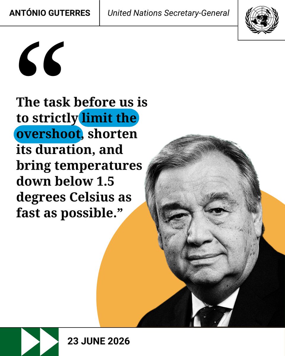 WHONigeria's tweet photo. 🌍 Act now. Act fast.

“The task before us is to strictly limit the overshoot, shorten its duration, and bring temperatures down below 1.5°C as fast as possible.”

The science is clear—every fraction of a degree matters. Urgent, decisive action today can still shape a safer, more resilient future for all.

#ClimateAction 
#1point5C 
#ActNow 
#Sustainability 
#LCAW2026