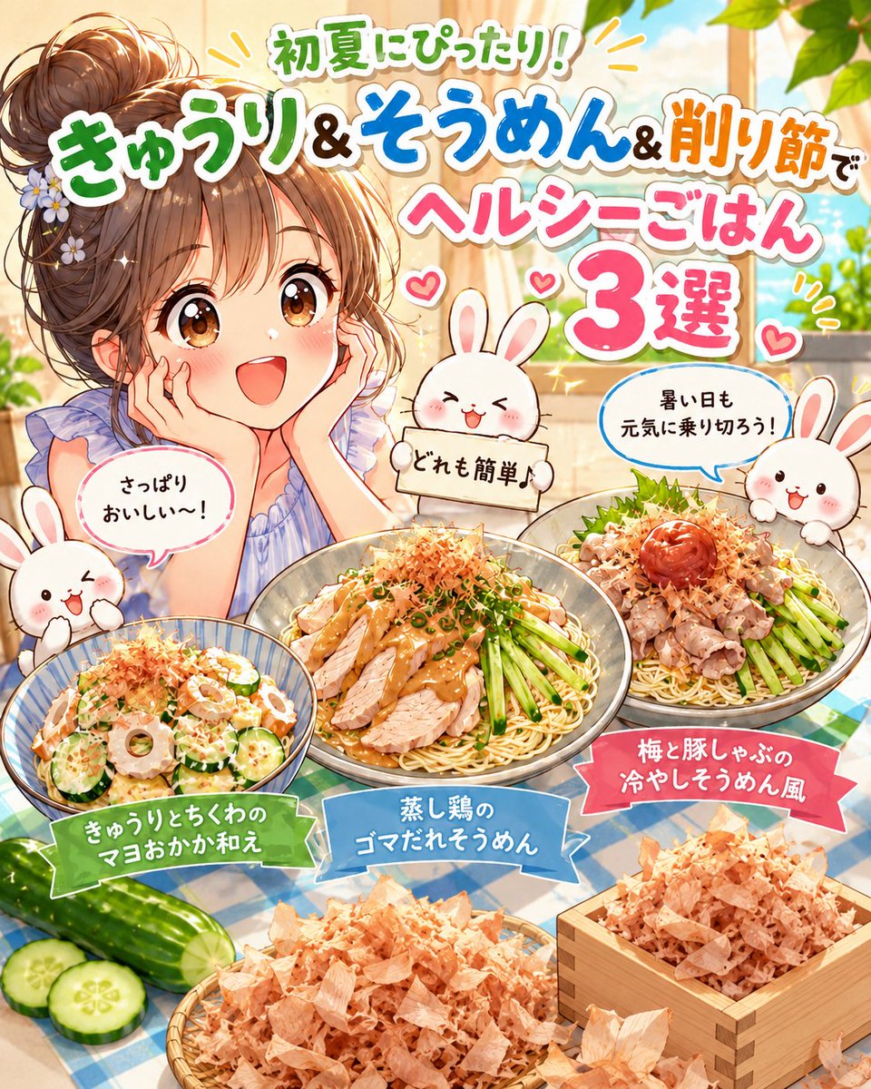 salmonstar_01's tweet photo. 💃おはぴょんです🐰

🎀今日は「削り節の日」✨

料理の満足感を上げてくれる名脇役🐟️
🙋‍♀️きゅうりやそうめんとの相性抜群🥒
🙋香りが広がって食欲がアップ😋

📋️夏ごはんの参考に🥗

#今日は何の日 
#AIイラスト https://t.co/Spb4LDmAGt