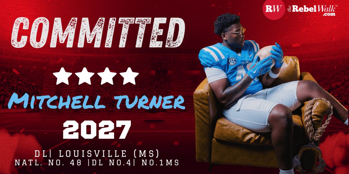 TheRebelWalk's tweet photo. BOOM! Mitchell Turner, the No: 1 recruit in the 2027 class in the state of Mississippi, has committed to Ole Miss. 🔥 

The Louisville, Miss. product chose the Rebels over Alabama, Texas and Mississippi State.

@LeeAnnHerringOM has more! 

READ: https://t.co/AQmlB29tNo https://t.co/zXW7ka0Y8G