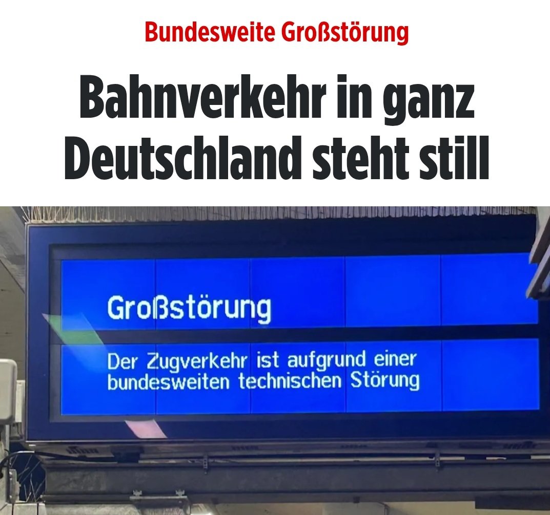 LilitThyra's tweet photo. Bekommem die in diesem Land überhaupt noch etwas hin?
Wegen einer bundesweiten Großstörung steht der gesamte Bahnverkehr still!

https://t.co/NWvN5sNdr6 https://t.co/VSOA60l8mx