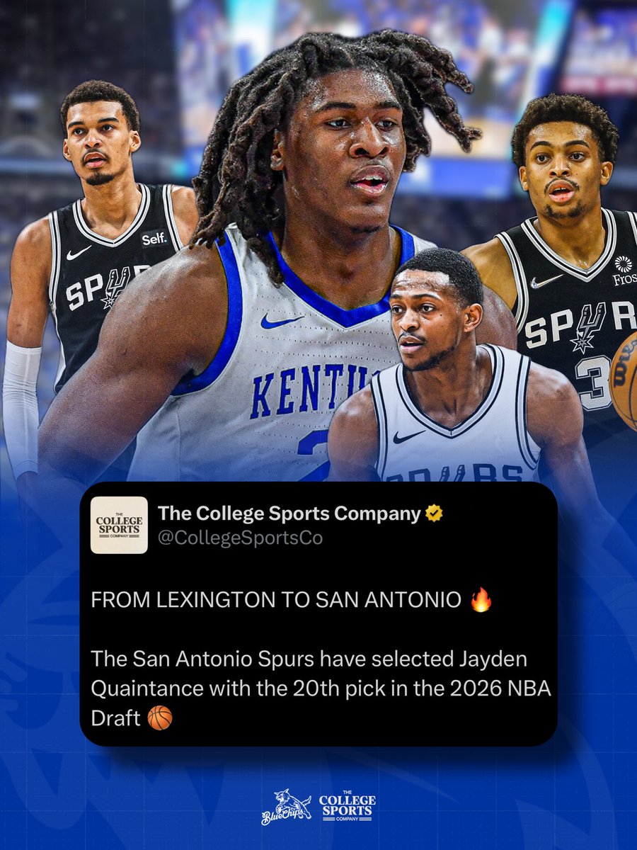 BlueChipsBBN's tweet photo. The San Antonio Spurs select @qjayhoops with the 20th Pick in the 2026 NBA Draft 🤝🔥

JQ will team up with Wemby and Former Wildcats De’Aaron Fox &amp; Keldon Johnson 👀 https://t.co/okvLqjA1ZP