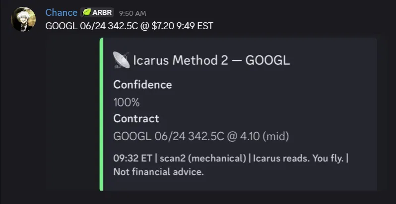 TheIcarusEdge's tweet photo. Today's board:

$SPY 736C: $1.42 → $4.46 (+214%) 
$SPX 7360C: $27.40 → $65.40 (+139%)
$GOOGL 342.5C: $4.10 → $7.20 (+76%)
$MRVL 282.5C: $13.72 → $18.00 (+31%)
$SPX 7370C: $9.95 → $17.20 (+73%) https://t.co/MdgCiSiYLN