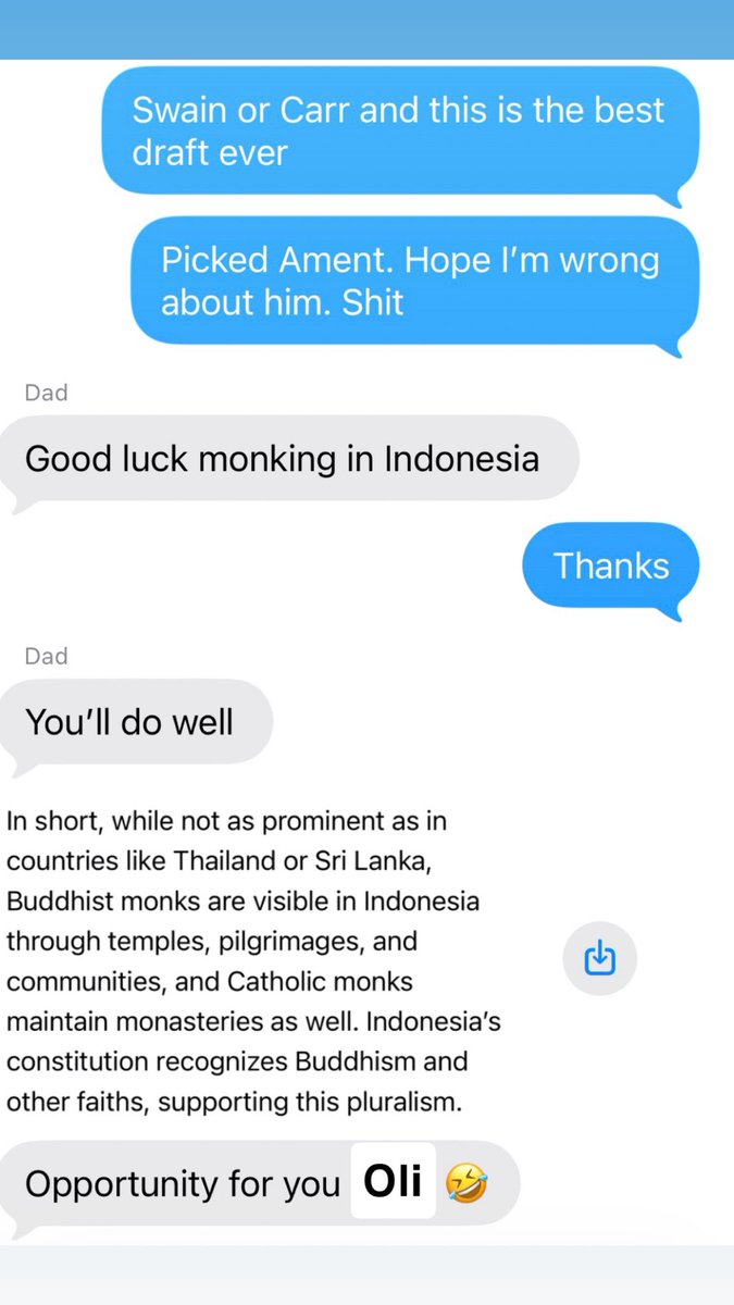 OliverQuickle's tweet photo. I told my family I was going to move to Indonesia to be a monk if we picked Ament and my dad is now sending me options. SHIT https://t.co/ALJJt9RQZe