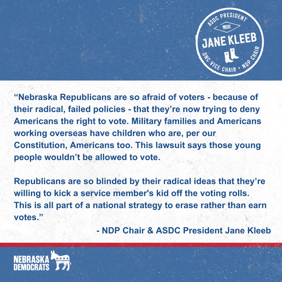 NebraskaDems's tweet photo. The RNC has filed a lawsuit in our state to prevent certain voters who were born overseas from voting. Many of those affected will be children of service members.

See Chair @janekleeb's statement on the ongoing tactics by Republicans to maintain power.

https://t.co/ZdDMpdmghK https://t.co/jui4pNuj0r