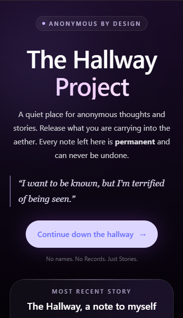 That_MasonGuy's tweet photo. I built a little site where people can share their thoughts and stories 100% anonymously. There is no tracking, no logins, no accounts, and no takesies backsies. It's not a social media, you can't even interact with others. It's just a place to share. https://t.co/mp2XtFbqYo https://t.co/EVSe9tFVML