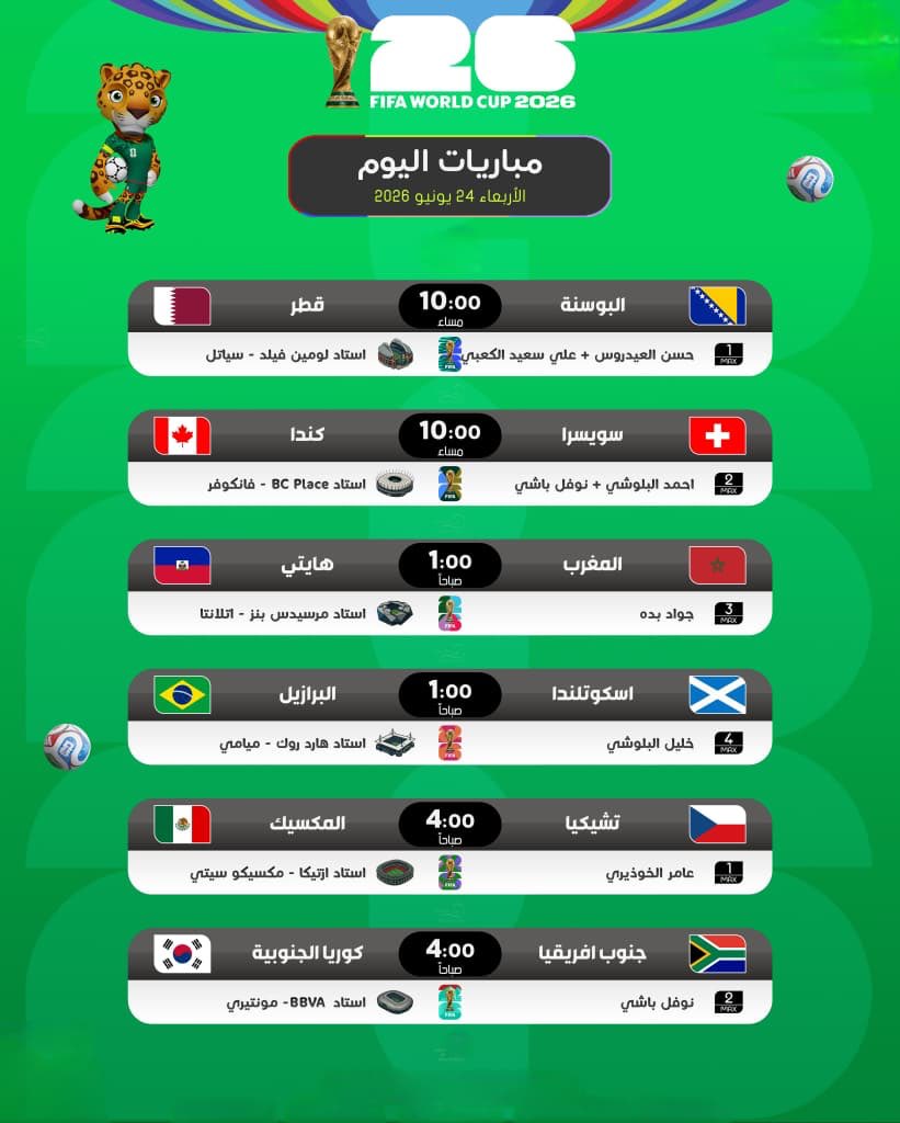 sahmm1111's tweet photo. مباريات اليوم لبطولة كأس العالم 
الاربعاء 9-1-1448هـ الموافق. 24-6-2026م

#كاس_العالم_٢٠٢٦ 
#كاس_العالم_امريكا https://t.co/voe4BSSY1D