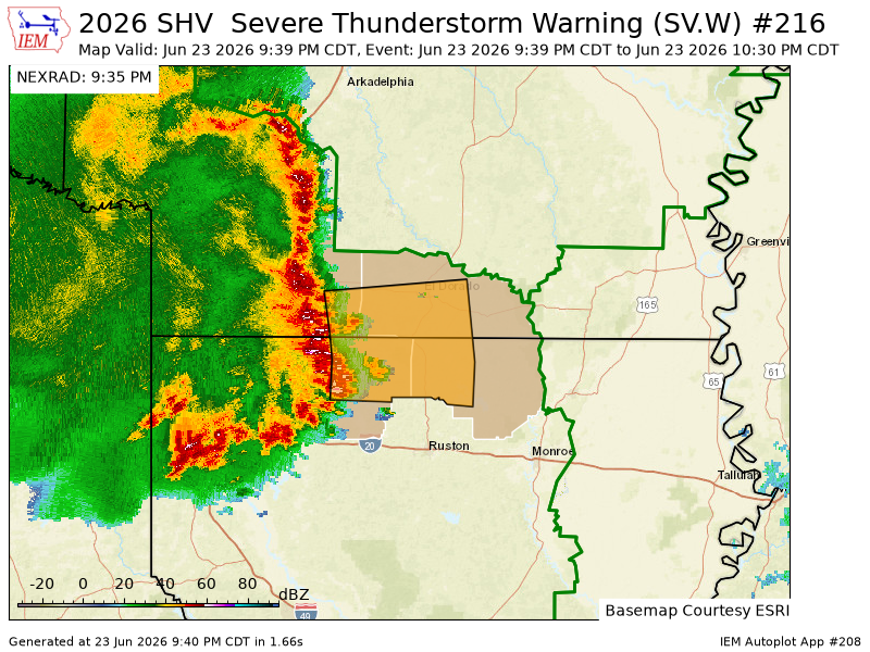 ArklatexWX's tweet photo. SHV issues Severe Thunderstorm Warning [wind: 60 MPH (RADAR INDICATED), hail: 0.00 IN (RADAR INDICATED)] for Columbia, Union [AR] and Claiborne, Union [LA] till 10:30 PM CDT https://t.co/HOqNyCOFws https://t.co/nS8DWpJDxY