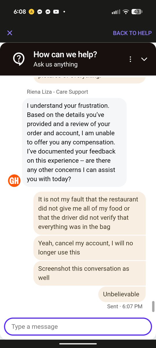 DarthJ32's tweet photo. @Grubhub This has been a terrible experience. Something needs done. To refuse to do a partial refund because of prior refunds is unacceptable. https://t.co/2yeMC7qRY0