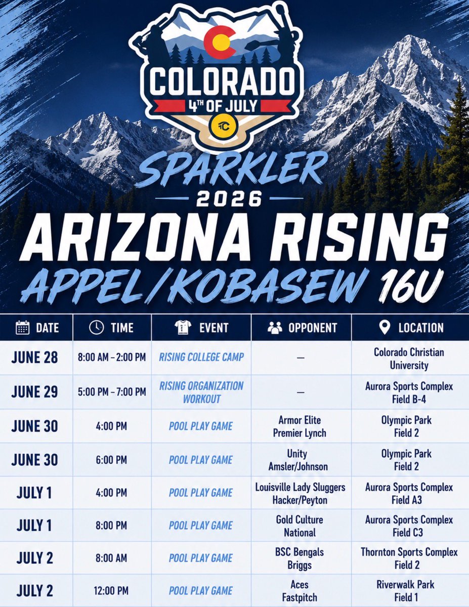 AnnikaAR55's tweet photo. Here is my teams Colorado Sparkler schedule!! Hope to see you there! @RisingKobasew https://t.co/xwHVjgu85F