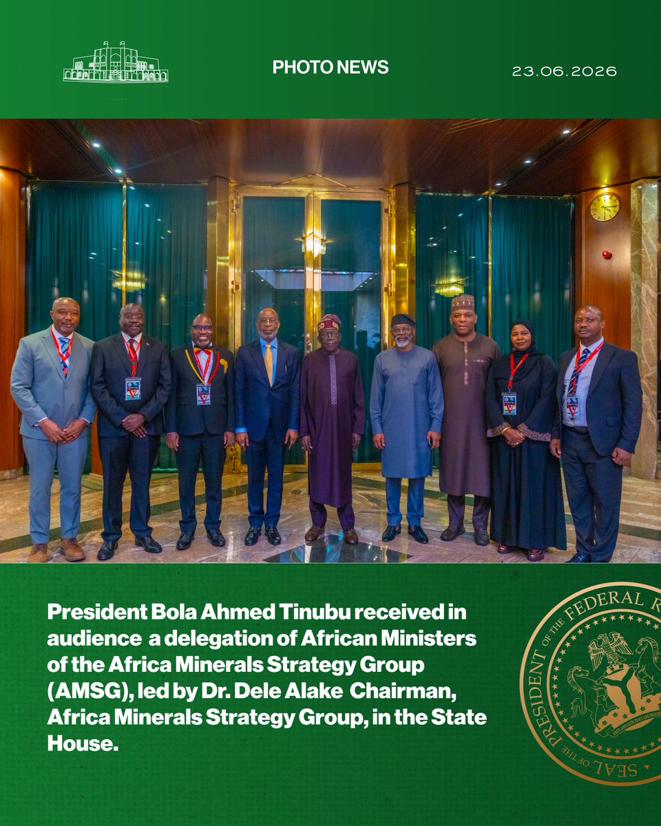 NGRPresident's tweet photo. President Bola Ahmed Tinubu received in audience  a delegation of African Ministers of the Africa Minerals Strategy Group (AMSG), led by Dr. Dele Alake. Chairman, Africa Minerals Strategy Group, in the State House.

@AlakeDele | @africaminerals_ 

1/2 https://t.co/xHYCVxAtHf
