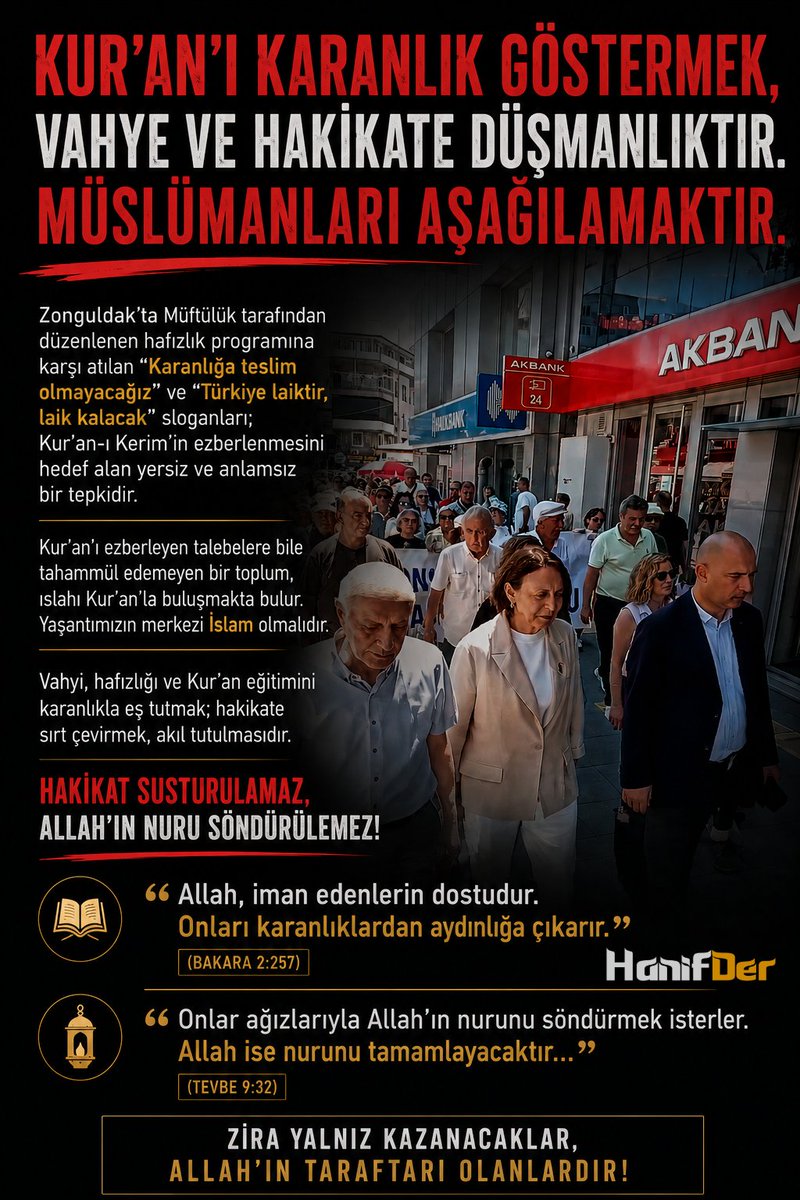 BulendYurtcu's tweet photo. Zonguldak’ta Müftülük tarafından düzenlenen hafızlık programına karşı atılan “Karanlığa teslim olmayacağız” ve “Türkiye laiktir, laik kalacak” sloganları; Kur’an-ı Kerim’in ezberlenmesine aşağılık bir tepki olarak ortaya çıkmıştır.

Bir toplumun, Kur’an ezberleyen talebelere dahi tahammül gösterememesi, üzerinde düşünülmesi gereken bir durumdur. Çünkü insanı ve toplumu ıslah edecek olan; vahiy ile buluşmak ve hayatı hakikat üzere inşa etmektir.

“Karanlığa teslim olmayacağız” söylemi, sanki Kur’an insanı karanlığa sürüklüyormuş gibi bir algı oluşturmaktadır. Allah (cc)  şöyle buyurur:
“Allah, iman edenlerin dostudur. Onları karanlıklardan aydınlığa çıkarır.” (2/257)

Kur’an’ı, hafızlığı ve vahyi karanlıkla özdeşleştirmek; hakikatin ortaya koyduğu ölçüyle bağdaşmaz.

Yine Allah (cc)buyurur:
“Onlar ağızlarıyla Allah’ın nurunu söndürmek isterler. Allah ise nurunu tamamlayacaktır." (9/32)

Allah’ın nuru sloganlarla sönmez.
Sonunda galip gelecek olan; sesi en çok çıkanlar değil, hakikatin tarafında olanlardır.