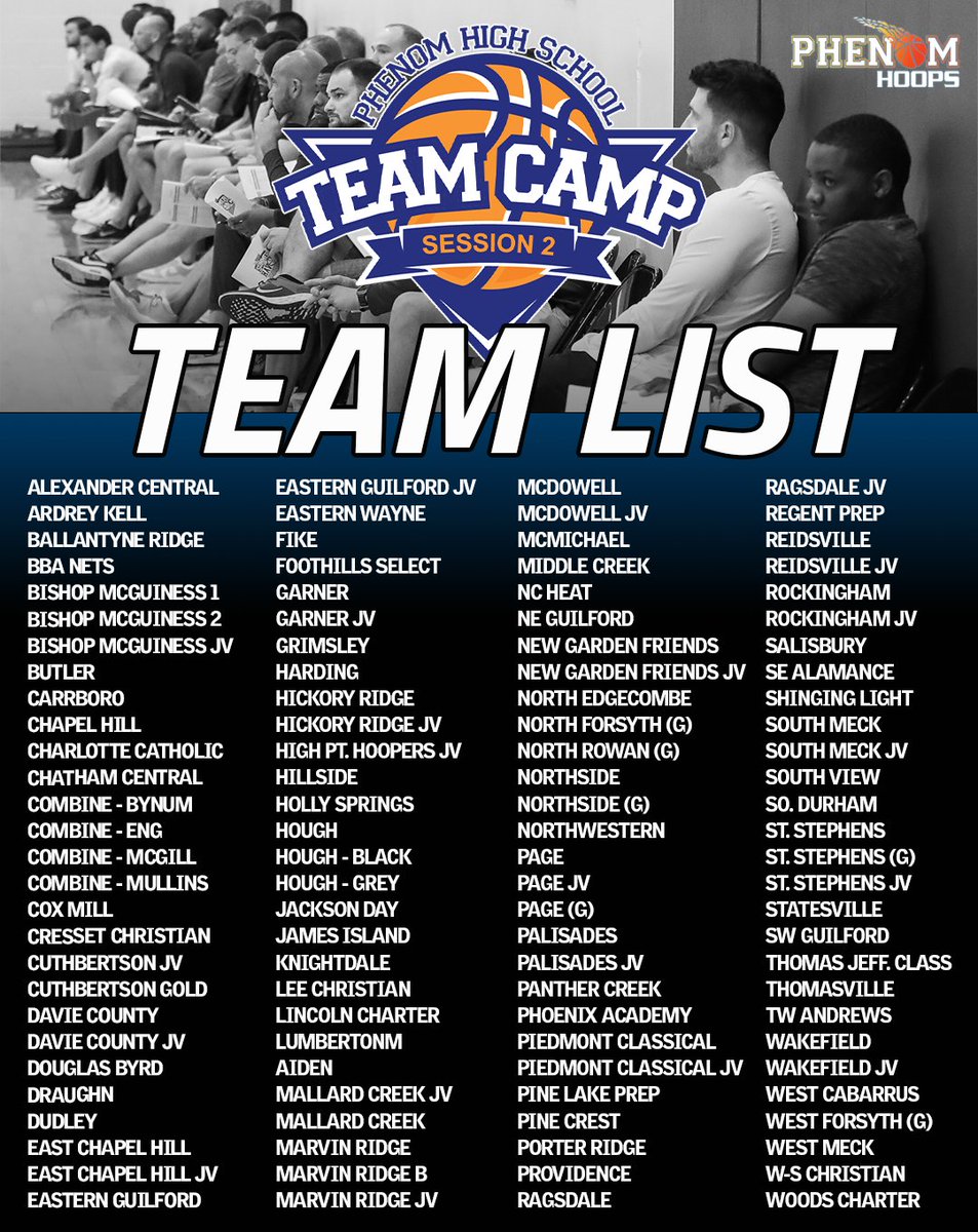PhenomMixtapes's tweet photo. Check out the TEAM LIST for #PhenomHSTeamCamp Session II this weekend at Rise Indoor Sports...#PhenomHoops @Phenom_Hoops 

Games tip off Friday! https://t.co/fgRdPBpO3W