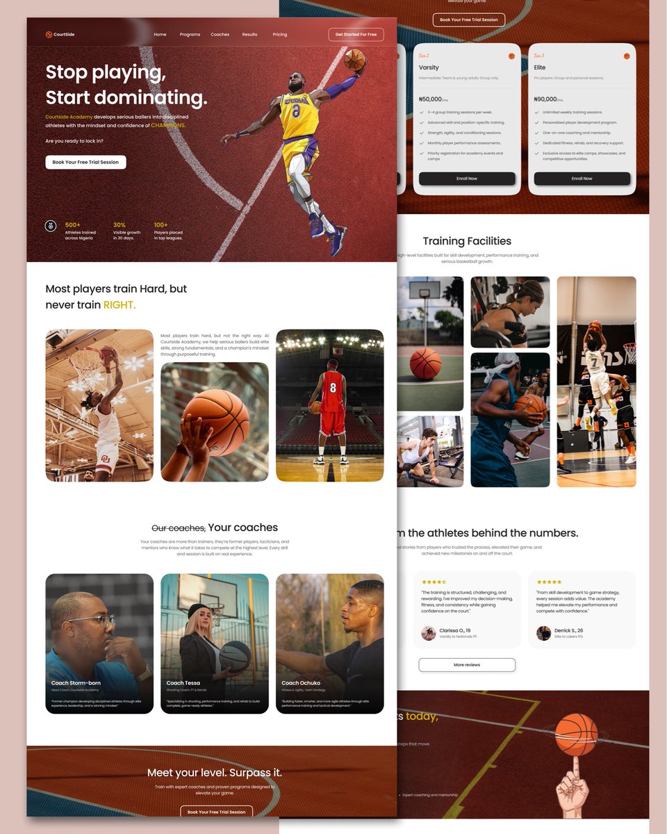 CasperCrypt's tweet photo. Hey guys, been working on this for a minute. Really looks good. A user flow oriented homepage of a basketball academy. Combining aesthetics and functionality. 

Y’all review, I’ll be in the comments. https://t.co/2munJ5SXme