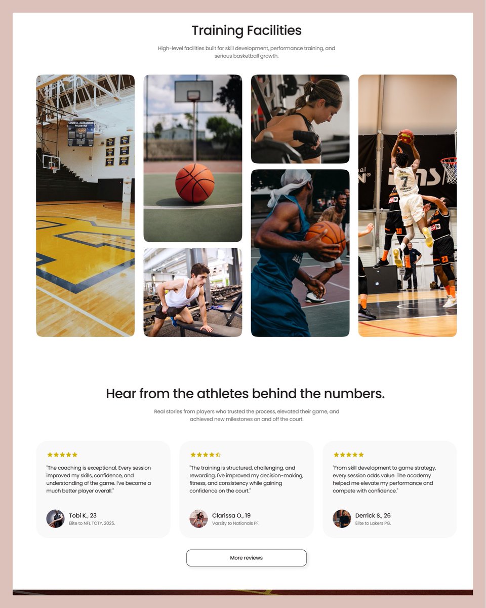 CasperCrypt's tweet photo. Hey guys, been working on this for a minute. Really looks good. A user flow oriented homepage of a basketball academy. Combining aesthetics and functionality. 

Y’all review, I’ll be in the comments. https://t.co/2munJ5SXme