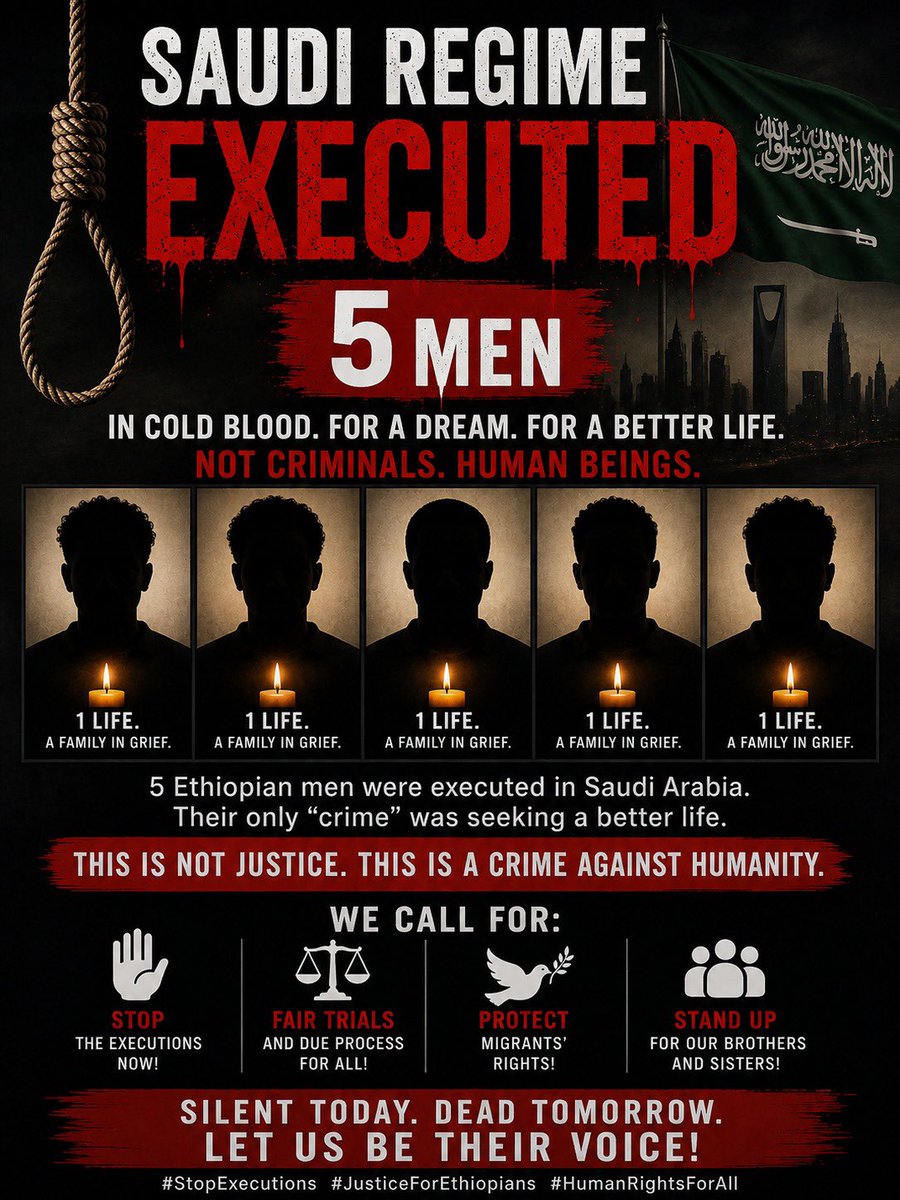 ChefMuller222's tweet photo. Today, 5 Ethiopians were executed in Saudi Arabia. They had families, dreams, and hopes for a better life. Silence is not an option. #JusticeForEthiopians #StopExecutions @DrTedros @UNHumanRights https://t.co/7GQ1qczcbk