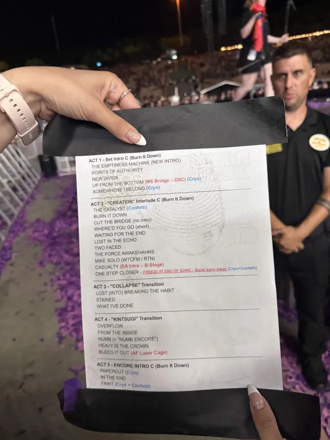 LPLive's tweet photo. Tonight's Linkin Park setlist in Madrid (night 1), with night 2 tomorrow!

Points Of Authority, Somewhere I Belong, Cut The Bridge, Lost In The Echo, Stained, and From The Inside make it as rotation songs - WOW! Very strong set!

Thanks to eXhausted on the LP Discord for the setlist!