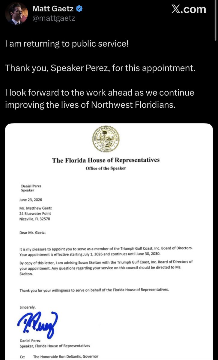 MJTruthUltra's tweet photo. Matt Gaetz announces he is returning to public service https://t.co/YjKeF1CVp4