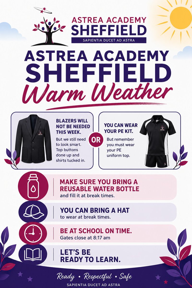 AstreaAcadSheff's tweet photo. 🌞 learning doesn't stop when the sun comes out!
✅Reusable water bottles ✅No Blazers✅PE kit optional but have your PE top! Let's enjoy the sunshine while continuing to work hard, stay positive & be the best learners we can be! #AAScommunity #warmweather #scholarship #tenacity https://t.co/KyRE7wYLqI