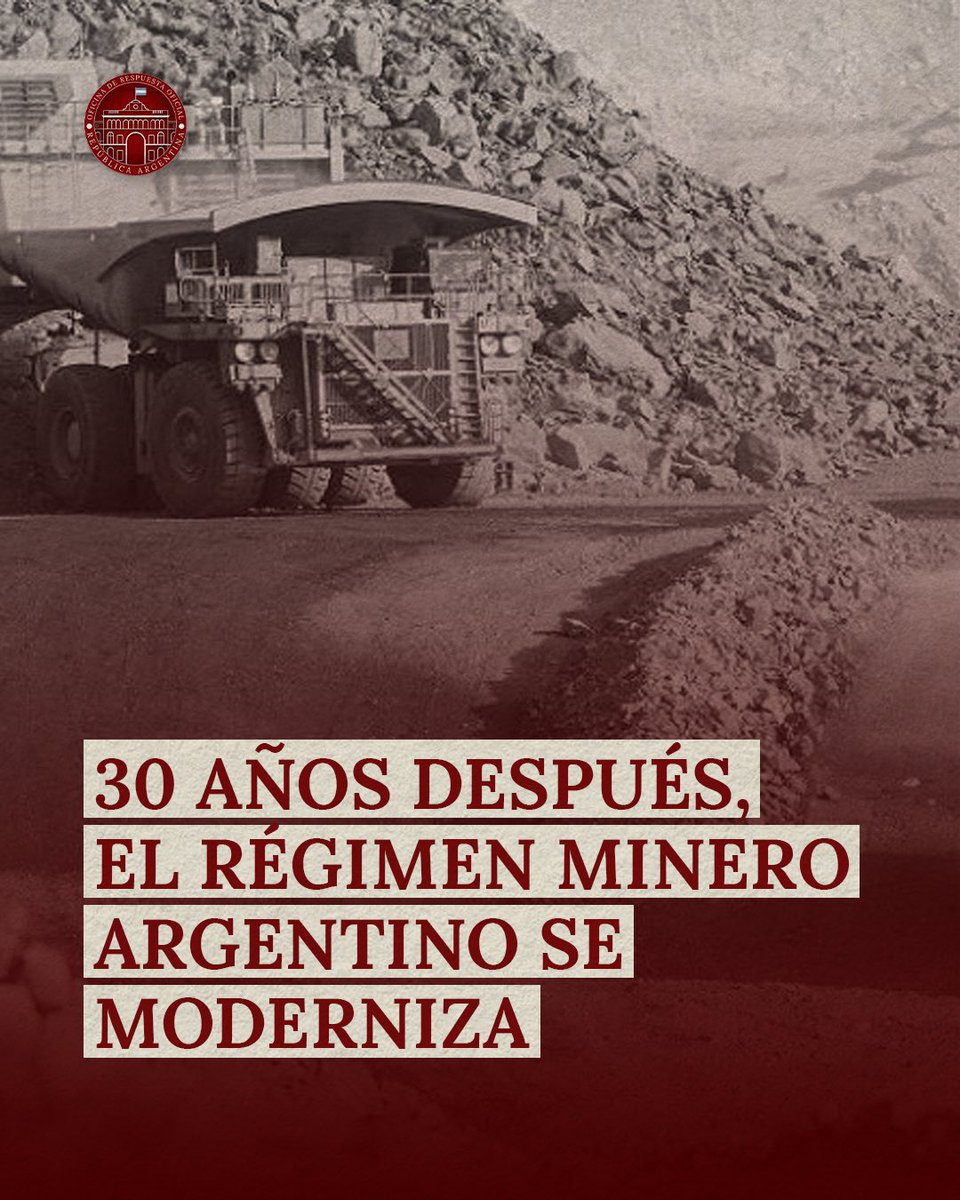 RespOficial_Arg's tweet photo. 30 AÑOS DESPUÉS, EL RÉGIMEN MINERO ARGENTINO SE MODERNIZA

El Gobierno del Presidente @JMilei reemplazó por completo la reglamentación de la Ley de Inversiones Mineras (Ley 24.196), vigente desde 1993, con el fin de reducir burocracia, mejorar la seguridad jurídica y atraer nuevas inversiones.

Entre las principales medidas se destacan:
- Obligatoriedad de domicilio legal electrónico y notificaciones digitales.
- Simplificación de la devolución acelerada del IVA para exploración.
- Eliminación de autorizaciones previas para importaciones, reemplazadas por declaración jurada.
- Creación de un régimen específico para prestadores de servicios mineros.
- Precisión en los plazos de estabilidad fiscal y ampliación de la integración regional a 500 km.
- Mayor control mediante declaración jurada anual e informes certificados.

Estas reformas modernizan el sector tras más de 30 años, reducen trámites y fortalecen la previsibilidad, haciendo a la Argentina más competitiva para la inversión minera.
